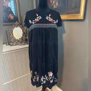 Johnny Was Boho embroidered floral moth butterfly Y2K tunic dress medium black